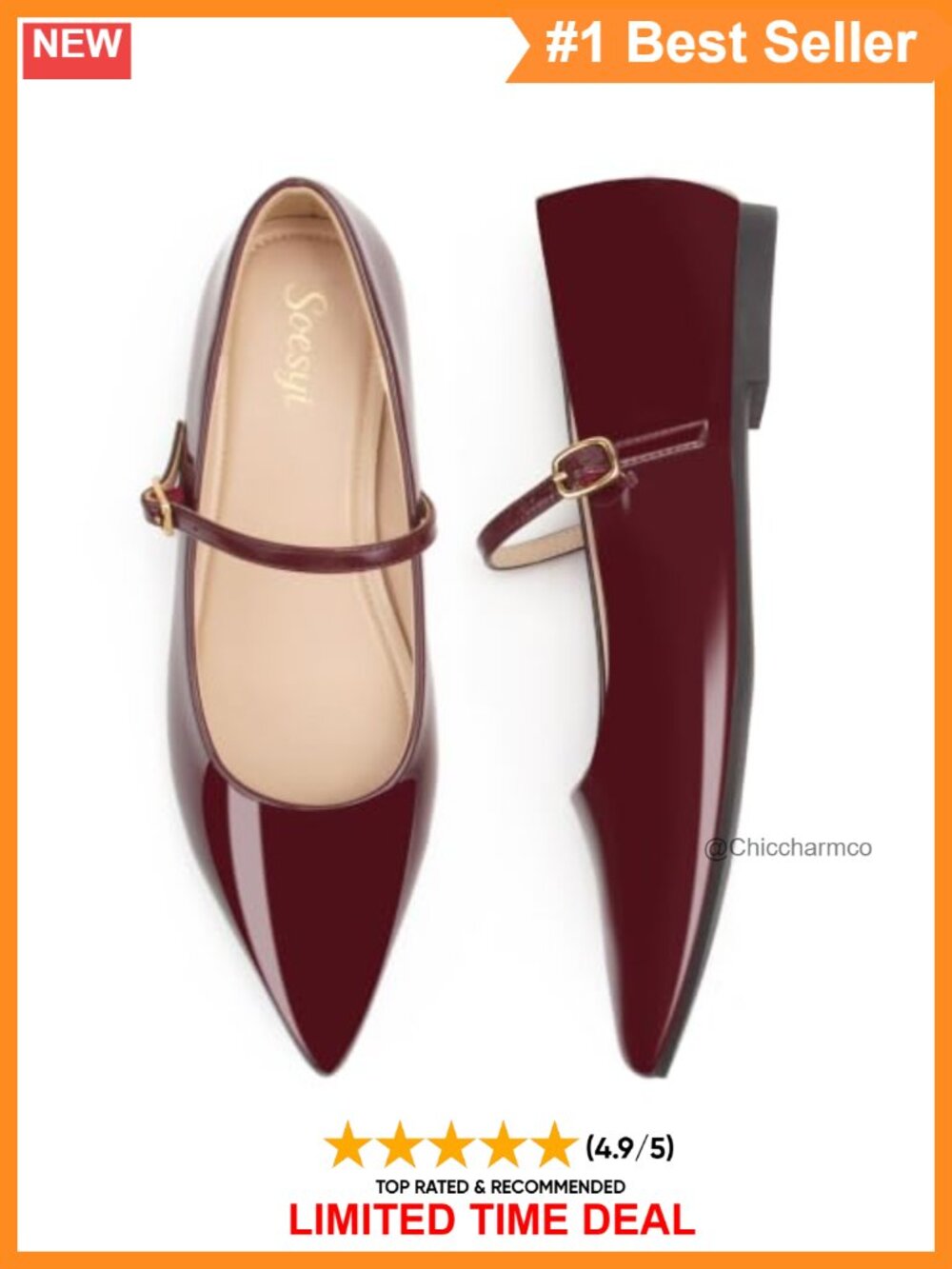 Pointed Toe Mary Jane Flats Cushioned Insole Adjustable Ankle Strap